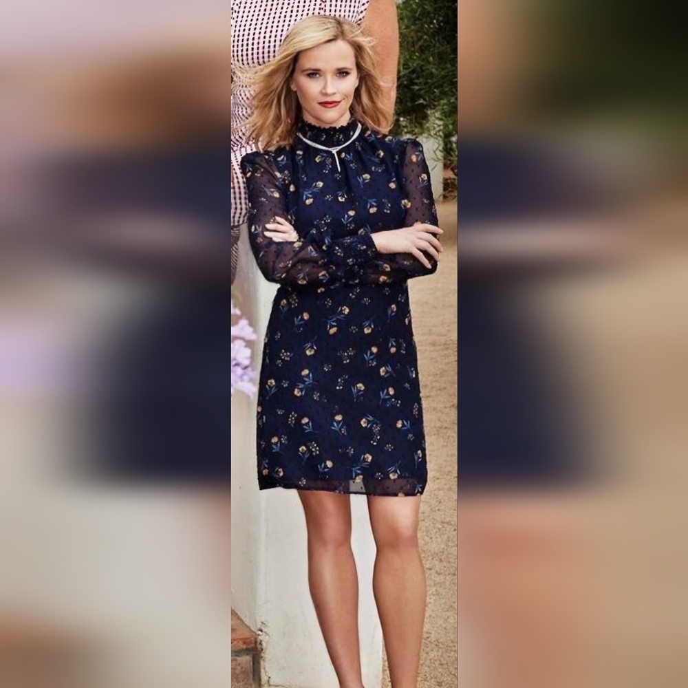 #1693 Draper James Blue A-Line Swiss Dot  Dress with Bishop Sleeves36